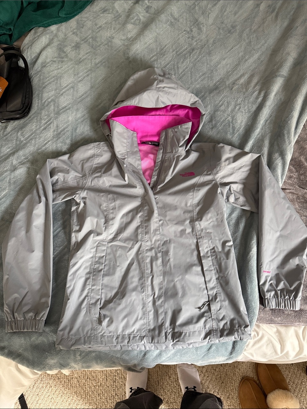 The North Face Light Gray Women’s Petite Raincoat with Pink Lining